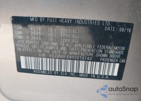 2017 Subaru Legacy 2.5I Premium from USA, damaged, VIN 4S3BNAF64H3019740